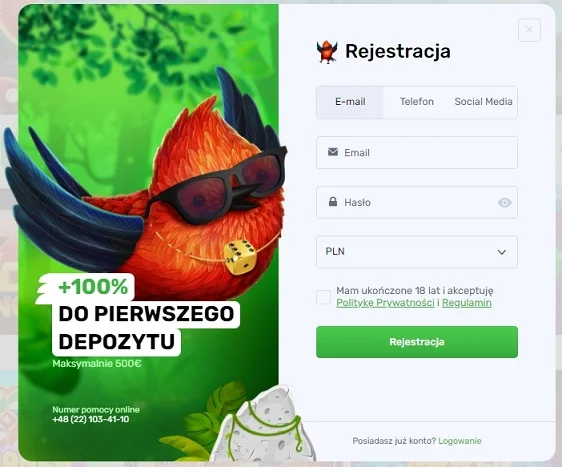 Formularz rejestracyjny LuckyBird Casino