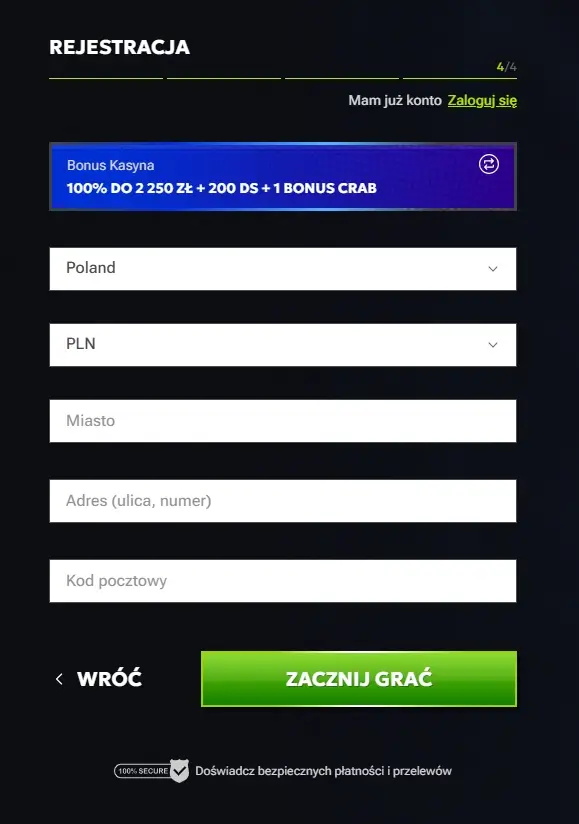 formularz rejestracyjny RTbet Casino czwarty krok